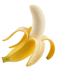 Fresh peeled banana fruit closeup in vibrant yellow color healthy tropical snack isolated photo