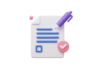 Isolated 3D Paper Document with Pen and Checkmark