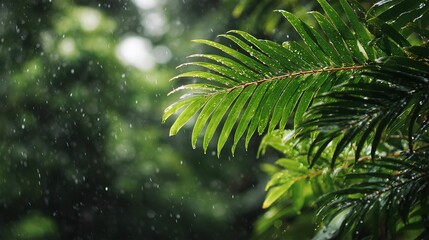 アレカヤシの葉と雨の景色