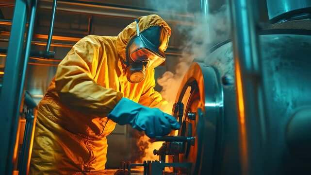 Worker in protective gear operating machinery in industrial facility with steam and orange lighting