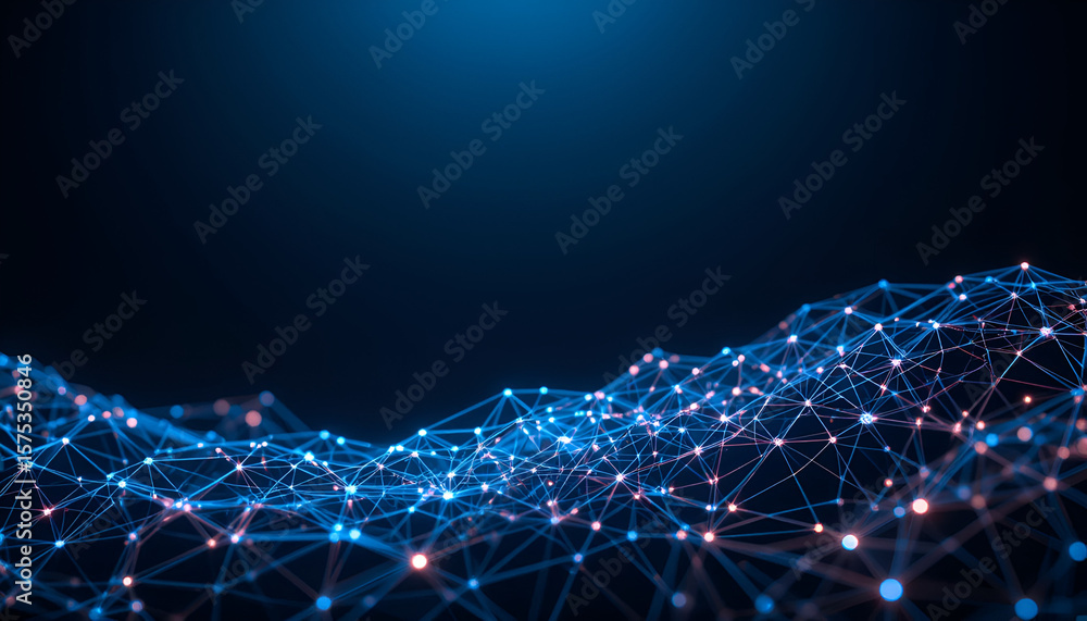 Poster geometric network structure, a glowing blue mesh with interconnected dots and lines creating a moder