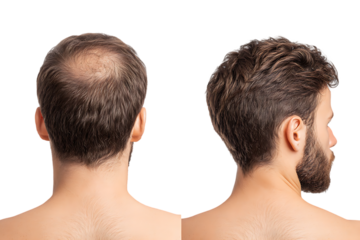 Hair loss treatment before and after results. Man's head with and without hair.