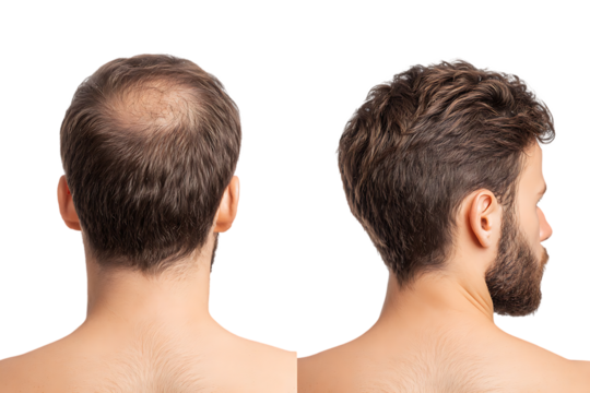 Hair loss treatment before and after results. Man's head with and without hair.