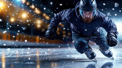 Bearded Ice Hockey Player Skating at Night