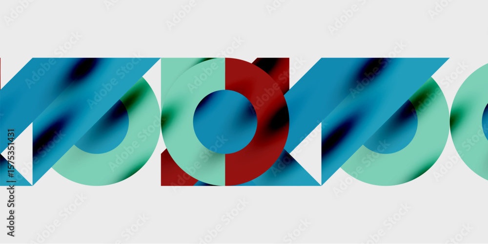 Poster abstract graphic design features colorful overlapping shapes. blue, red, turquoise create dynamic vi
