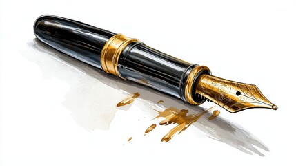 Naklejka premium Black and Gold Fountain Pen on White Paper with Ink Splatter
