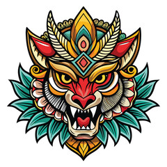 Ornate tiger head with floral embellishments