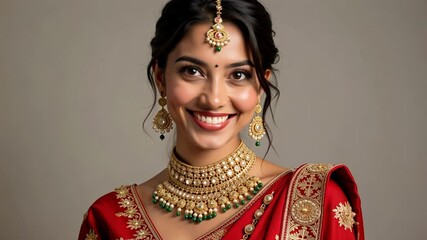 A beautiful Indian woman smiles radiantly in a lehenga choli, showcasing festive jewelry against a clean studio backdrop in stunning 4k footage. - Powered by Adobe
