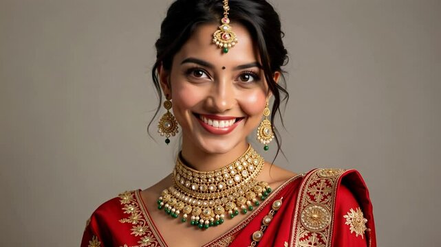 A beautiful Indian woman smiles radiantly in a lehenga choli, showcasing festive jewelry against a clean studio backdrop in stunning 4k footage.