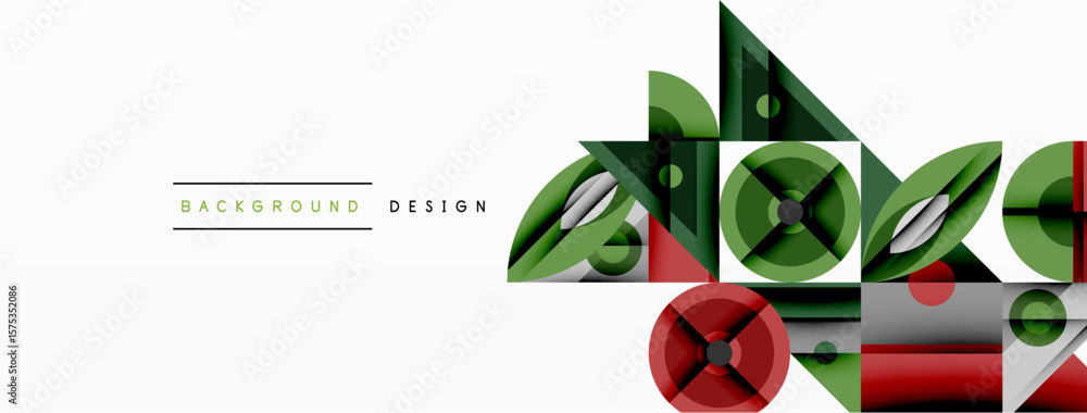 Poster abstract geometric shapes overlap, creating dynamic visual composition. green, red, white colors dom