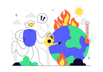 Global Warming Vector Illustration Featuring a Melting or Burning Planet Earth and Thermometer, Raising Awareness to Prevent Environmental Damage