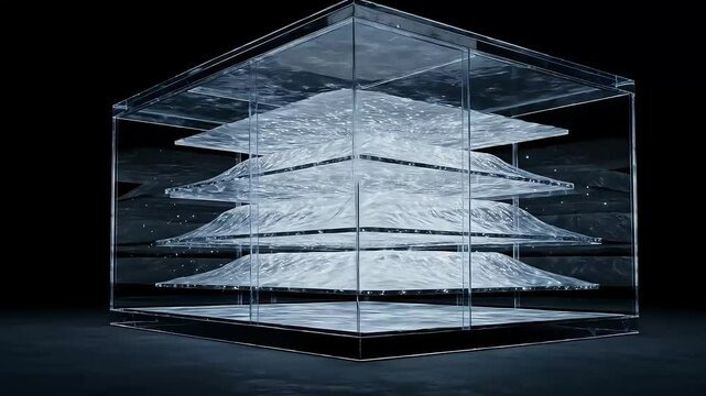 Abstract Water Layers in Glass Box: Dynamic Fluid Simulation Modern Art.