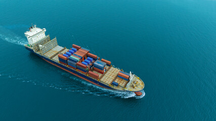 Aerial view of the freight shipping transport system cargo ship container. international...