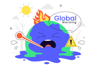 Global Warming Vector Illustration Featuring a Melting or Burning Planet Earth and Thermometer, Raising Awareness to Prevent Environmental Damage