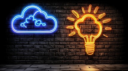 Blue Cloud and Orange Lightbulb Neon Signs on Dark Brick Wall
