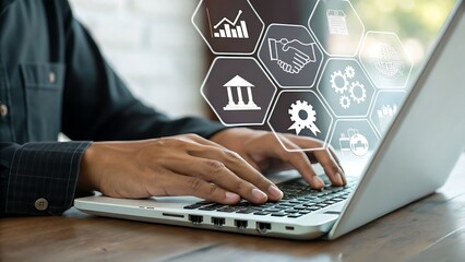 Close-up of Person Typing on a Laptop with Business Strategy and Planning Visualizations Overlayed, Technology and Efficiency Concept.