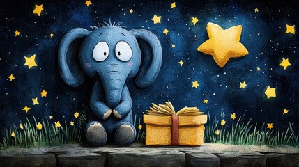 Blue Elephant and Gift Under Starry Night Sky