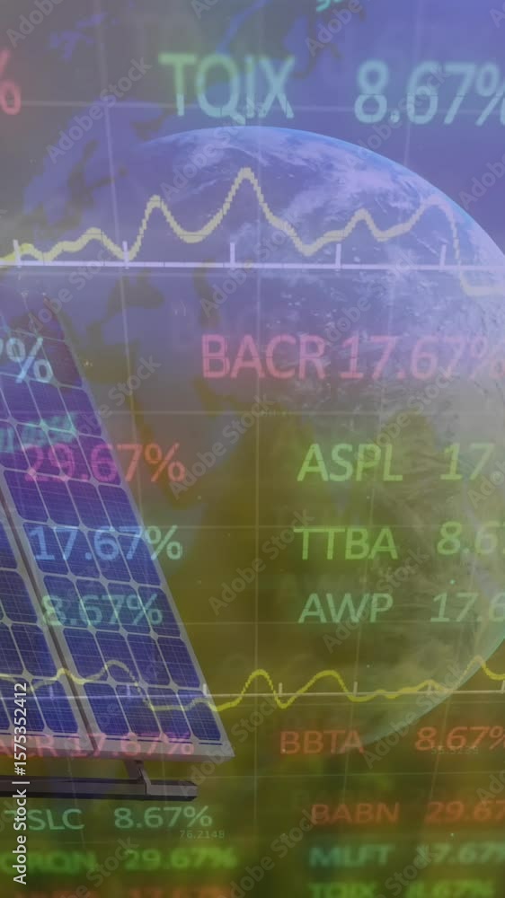 Poster animation of financial data processing over globe and solar panel