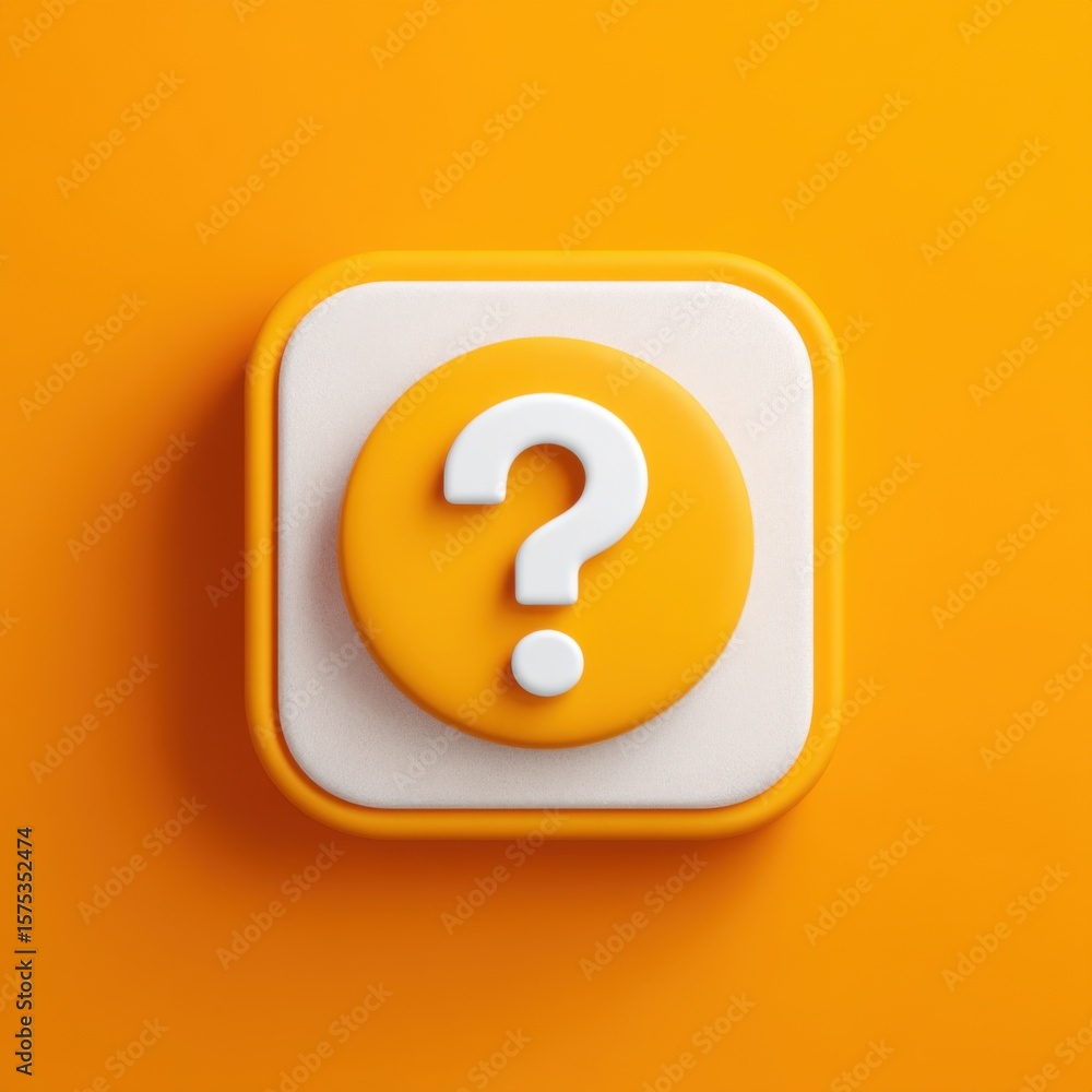 Fototapete 3d rendered icon of a large white question mark on a bright yellow circular button, set on a white s