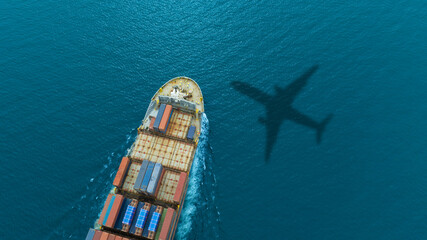 Aerial view of the freight shipping transport system cargo ship container. international...