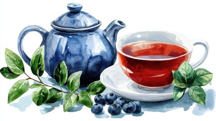 Blue Teapot and Cup of Tea with Blueberries Watercolor Painting