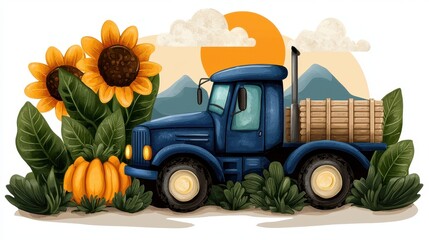 Blue Truck at Sunset Autumn Harvest Scene