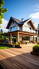 Modern house with deck, and sunny garden.