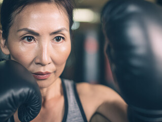 A middle-aged Asian woman is working out in a gym wearing boxing gloves