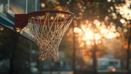 A close-up of a basketball hoop during sunset, showcasing the net and rim in beautiful golden light, conveying a sense of peace and nostalgia.