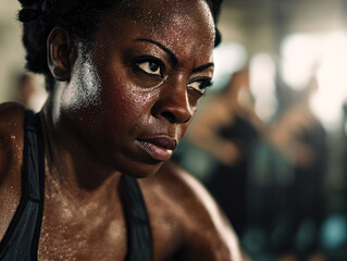 portrait of a middle-aged African American woman during strength exercises at a fitness club