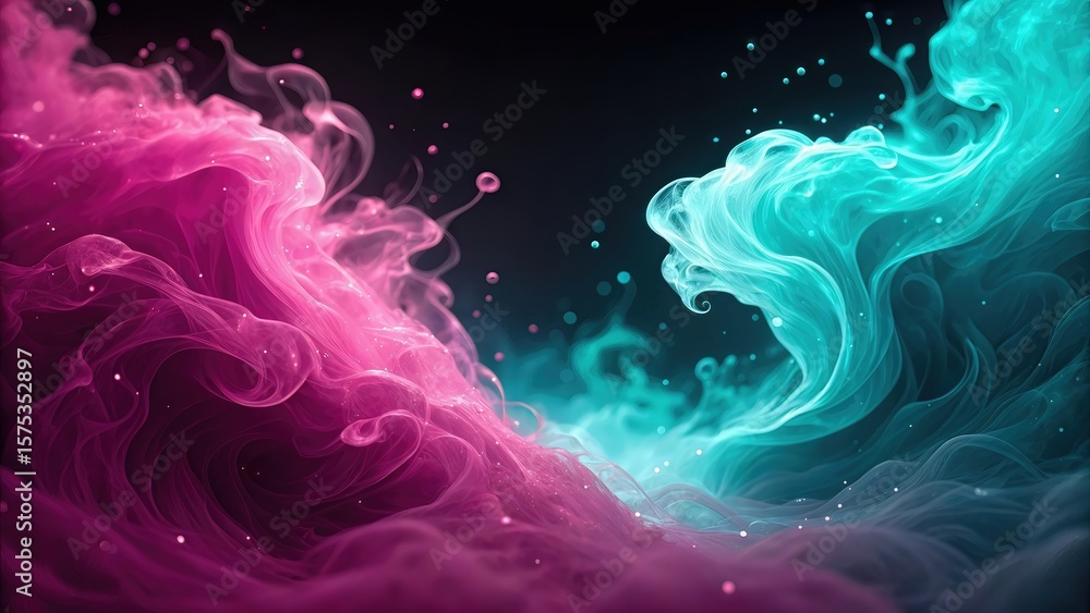 Poster two vibrant clouds of swirling pink and teal smoke or ink collide and mix, creating a dynamic and ab