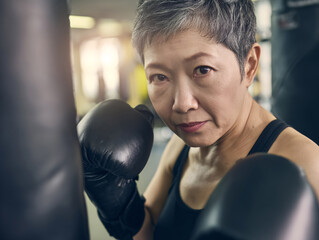 A middle-aged Asian woman is working out in a gym wearing boxing gloves