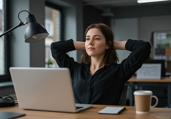 30-year-old caucasian woman relaxing with hands behind head in front of laptop in office - work-life balance concept