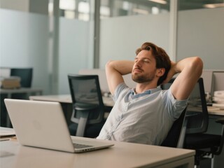 30-year-old caucasian woman relaxing with hands behind head in front of laptop in office - work-life balance concept