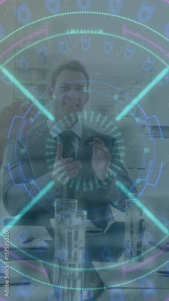Poster animation of data processing and scope scanning over diverse business people
