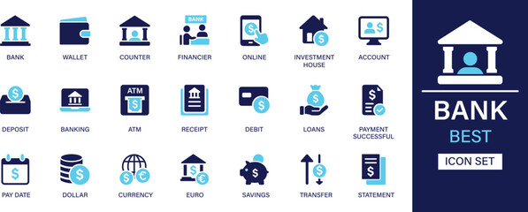 Bank icon set collection. Wallet, counter, financier, online, investment house, account, deposit, banking, atm, receipt, debit and best solid icon set.