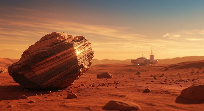 夕焼け火星、巨大な岩と基地 静寂な風景