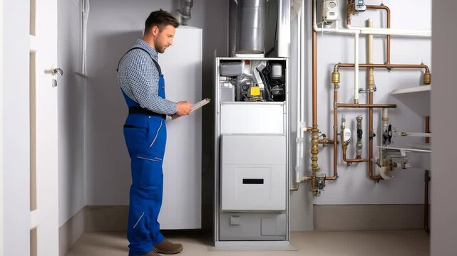 Technician completes maintenance check on heating system in residential basement during daylight hours