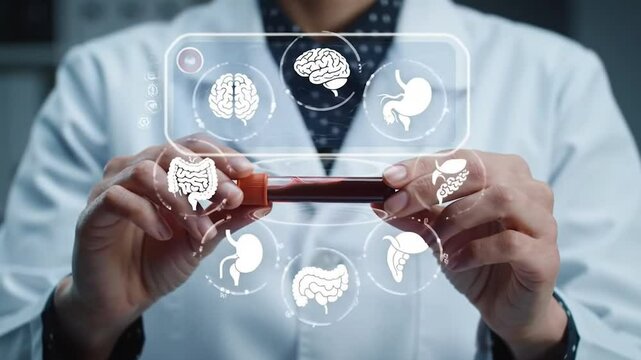 Doctor Holding Blood Sample with Holographic Internal Organs for Diagnostic Analysis
