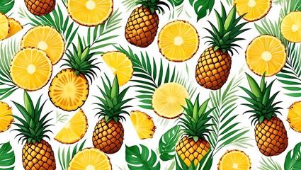 Tropical Pineapple Pattern Slices Leaves Summer