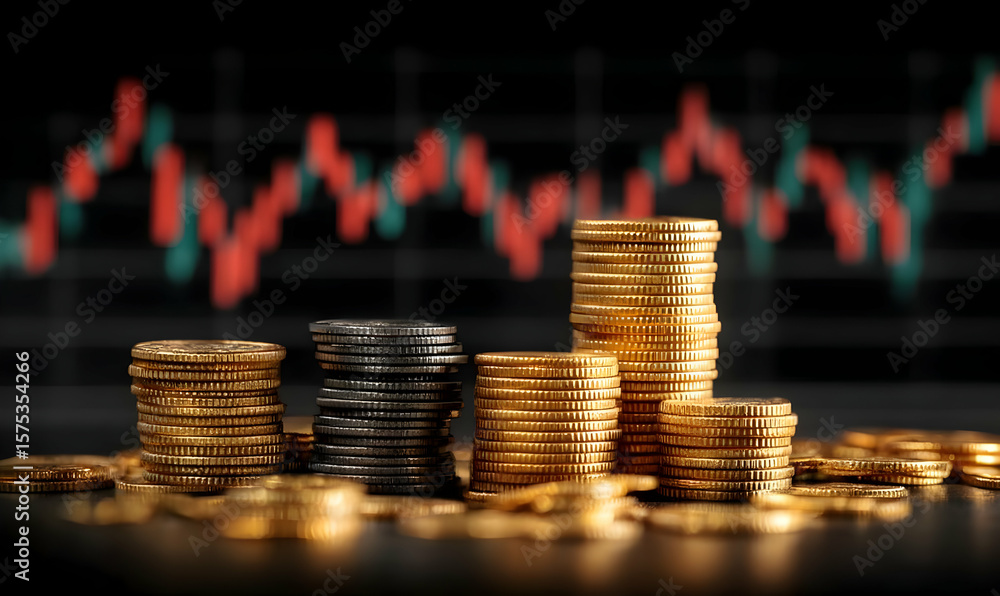 Poster a close-up view of stacked coins representing financial growth, against a background of financial gr