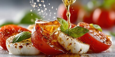 Fresh Caprese salad with olive oil drizzling