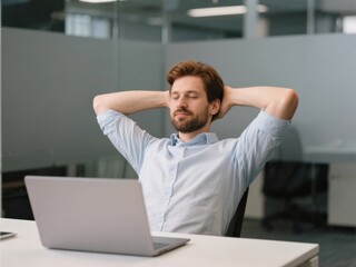 30-year-old caucasian man relaxing with hands behind head in front of laptop in modern office