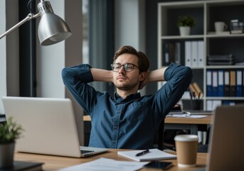30-year-old caucasian man relaxing with hands behind head in front of laptop in modern office