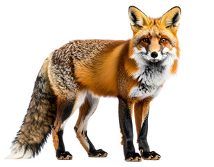 Fototapeta premium Red fox standing alert with thick winter fur and bushy tail — isolated on transparent background PNG