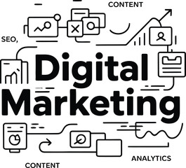 Fototapeta premium Digital Marketing Symbol Collage Poster Featuring Central “DIGITAL MARKETING” Typography Surrounded by Whimsical Black Silhouette Icons and Keywords — Includes Laptop with Email Notification, 