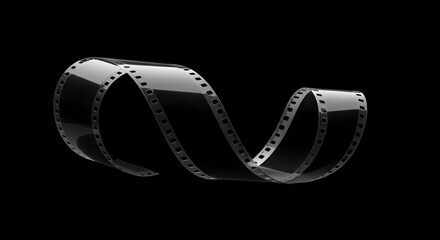 Curved 3D Film Strip on Black Background for Cinema and Video Production