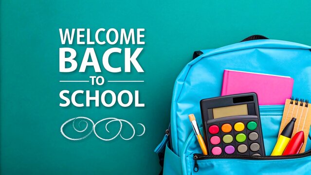 Back to school concept with blue backpack and colorful school supplies on green background
