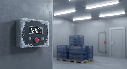 Industrial Refrigerator Control Panel with Precise Temperature Display and Stored Goods in Warehouse