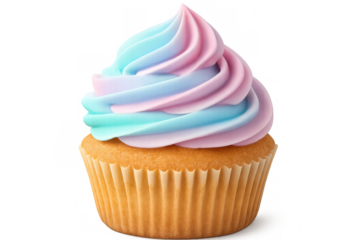 Pastel-frosted cupcake featuring soft blue and pink swirls, resting on clean transparent backdrop, highlighting delicate bakery confection
